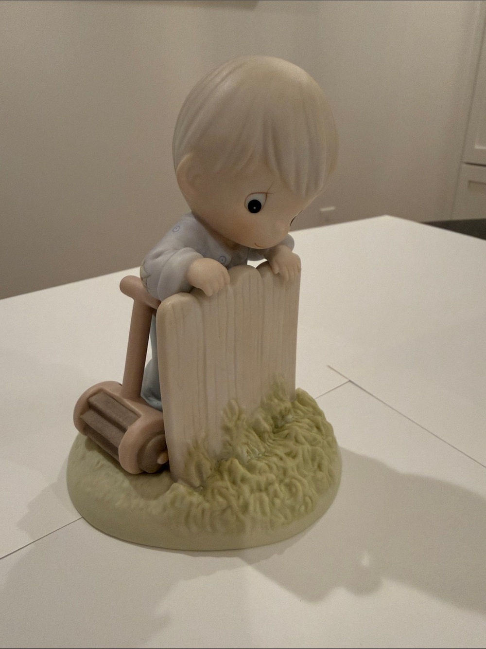 Precious Moments Pastel Boy Figurine with Fence and Mower